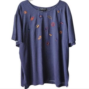 CAROLE LITTLE Navy Blue Polka-dot Floral and Paisley Embroidered Tunic Top